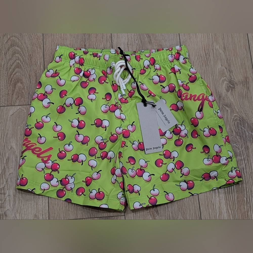 $385 Mens Palm Angels Cherries Swim Shorts Trunks Lime Multi Small